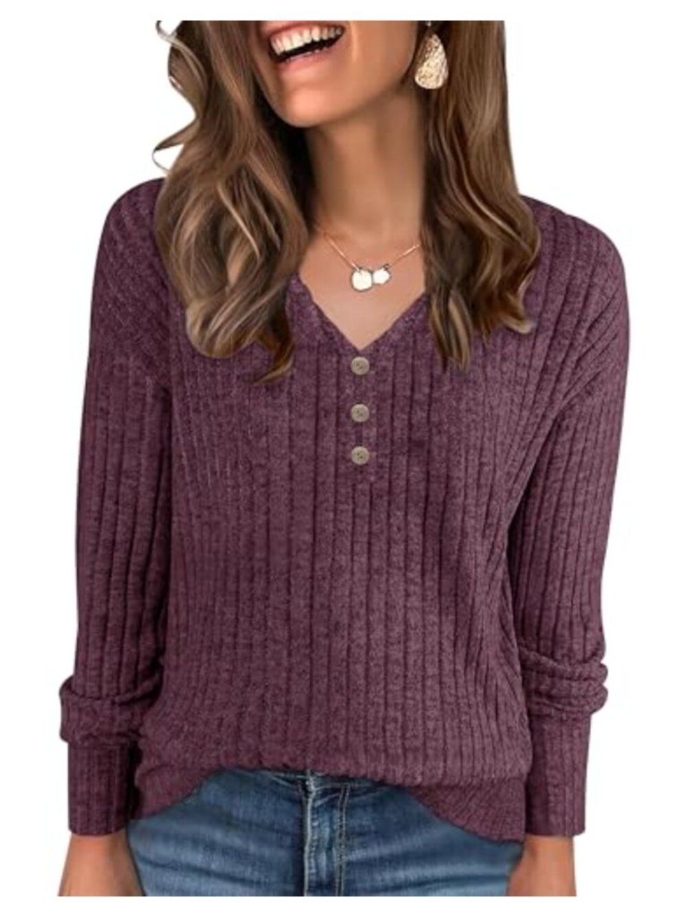 Women's V Neck Long Sleeve Tunic Top Loose Fit Lightweight Fall Sweater